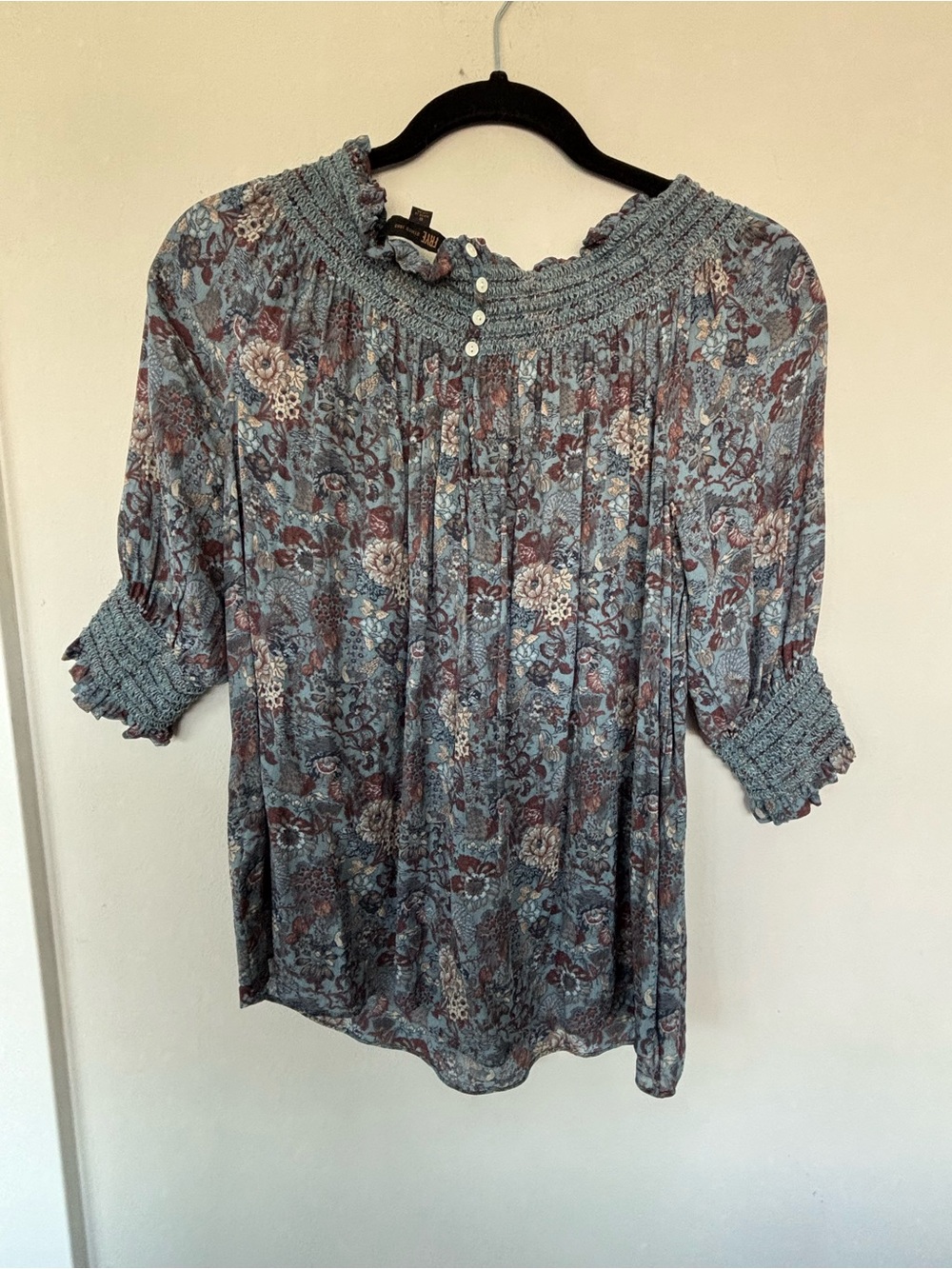 Frye Dusty Blue Floral Smocked Scoop-Neck Blouse - Picture 2 of 4